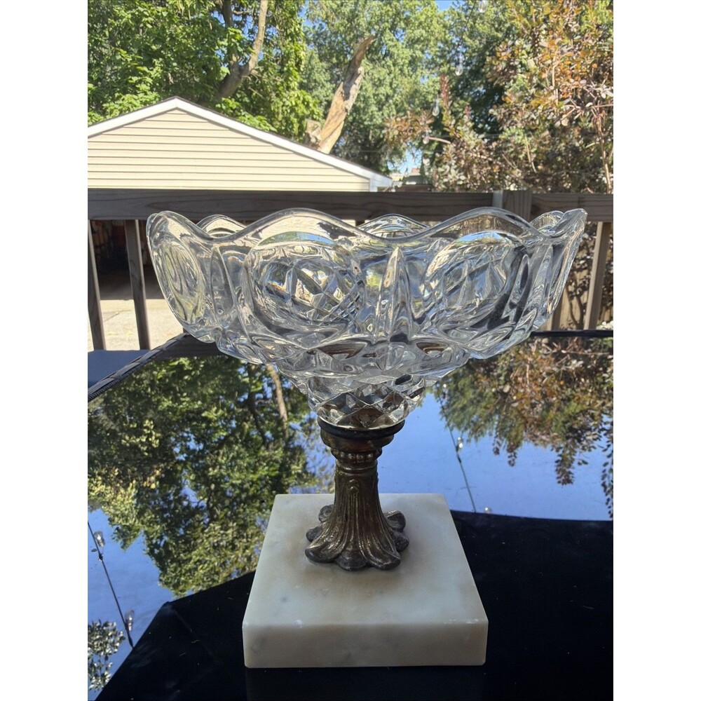 Vintage Crystal Glass Pedestal Compote Bowl with Italian Marble & Ornate...